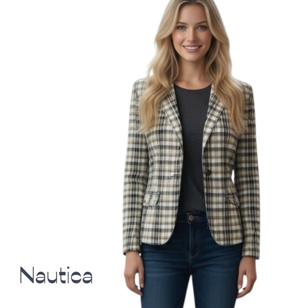 Nautica White Black Plaid Cotton Classic Blazer NWOT Size 4